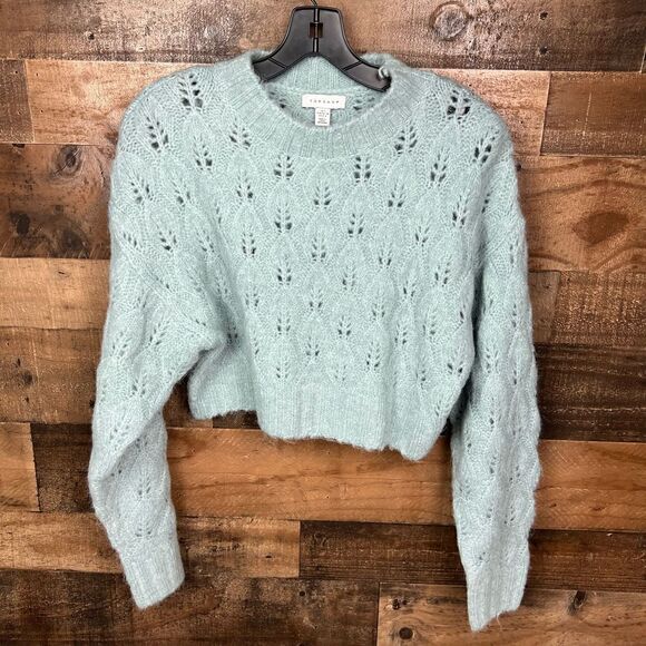 Topshop Sweater | Cropped Peekaboo Pointelle Pastel Blue Size US 4-6 UK S - Picture 14 of 14